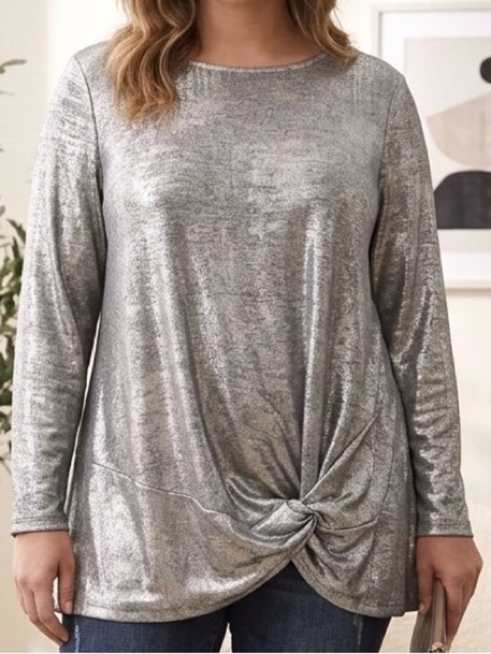 Lane Bryant Silver Metallic Shimmer Twist Front Long Sleeve Top 14/16